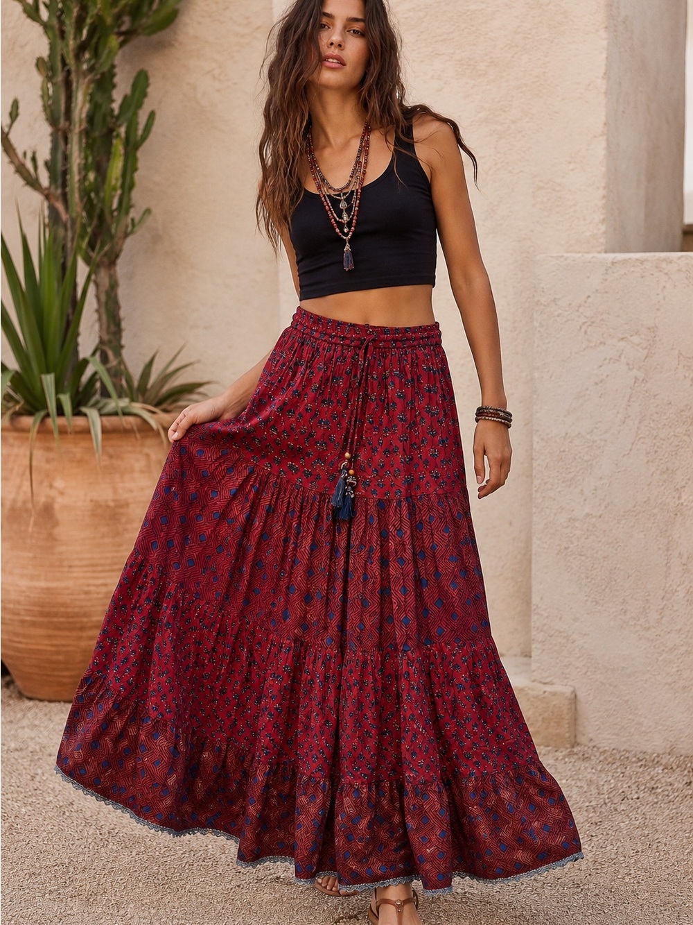Janasya Boho Tiered Maxi Skirt Red Blue Block Print Tassel Waist Size M